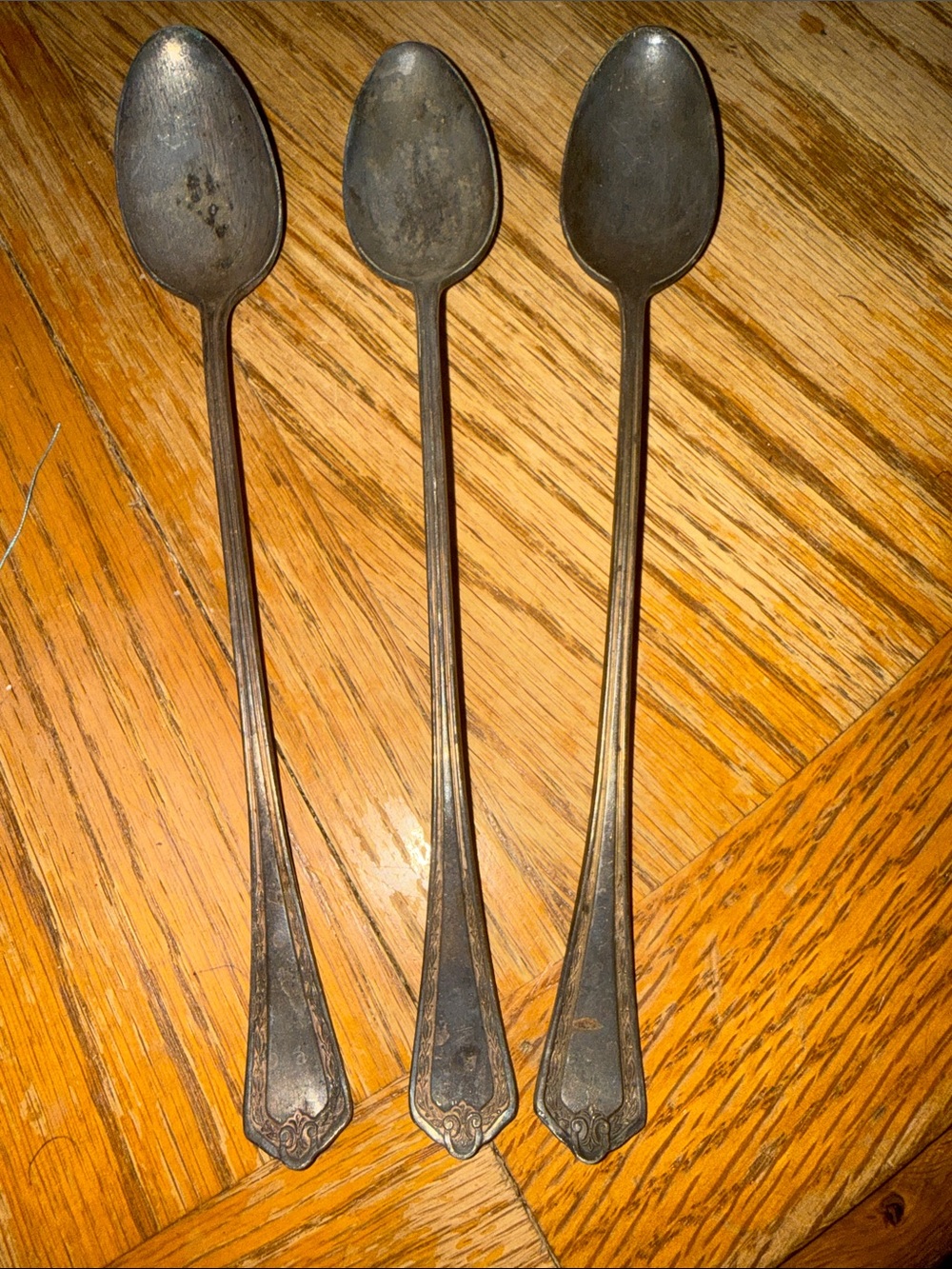 Long-Handled Tea Spoons, reg teaspoon , and Fork in Dark Silver Finish